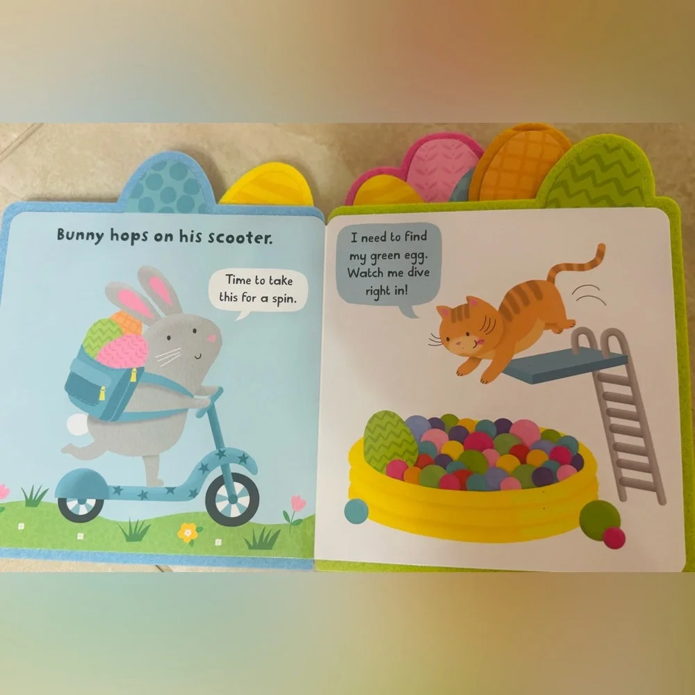 Pottery Barn Kids Tie-Ear Bunny Bucket, 2 Books Plastic Eggs & Light Up Bubbles
